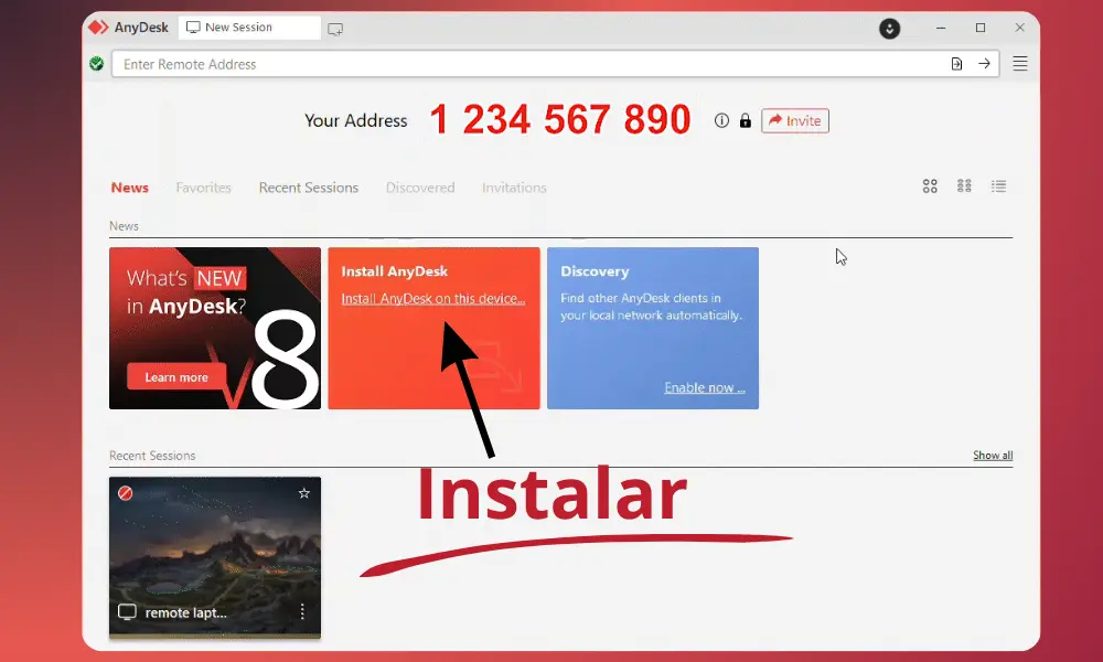 Ventana principal de AnyDesk y opción de instalación